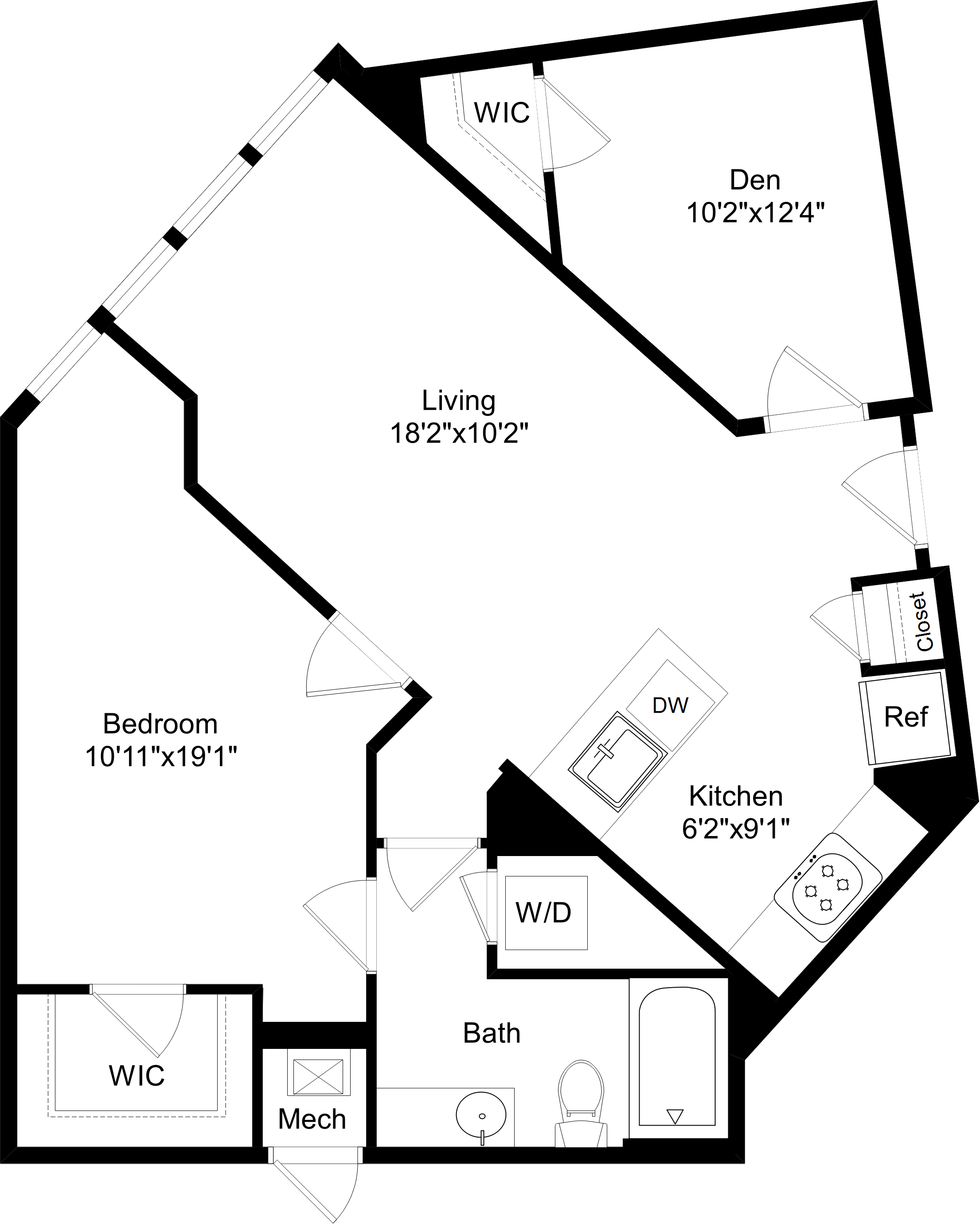 Floor plan for 1 bed, 1 bath, 893 sqft